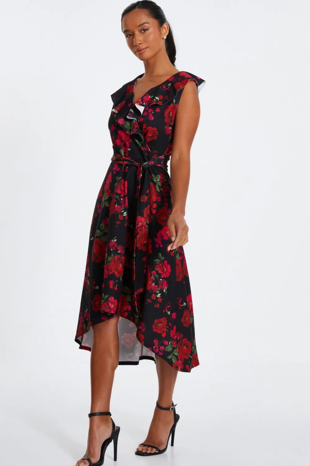 Quiz Red Dresses|Midi Dresses>Petite Black Floral Dip Hem Midi Dress