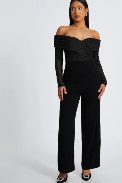 Quiz Occasion Jumpsuits|Going Out Jumpsuits>Petite Black Glitter Mesh Jumpsuit