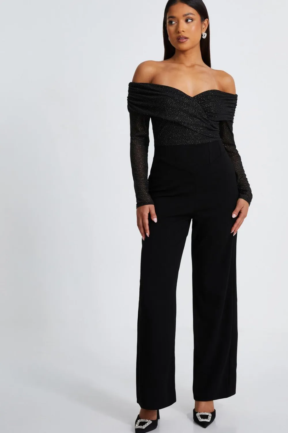 Quiz Occasion Jumpsuits|Going Out Jumpsuits>Petite Black Glitter Mesh Jumpsuit