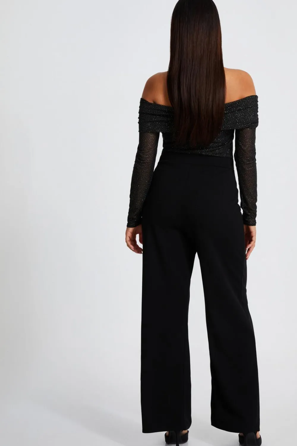 Quiz Occasion Jumpsuits|Going Out Jumpsuits>Petite Black Glitter Mesh Jumpsuit