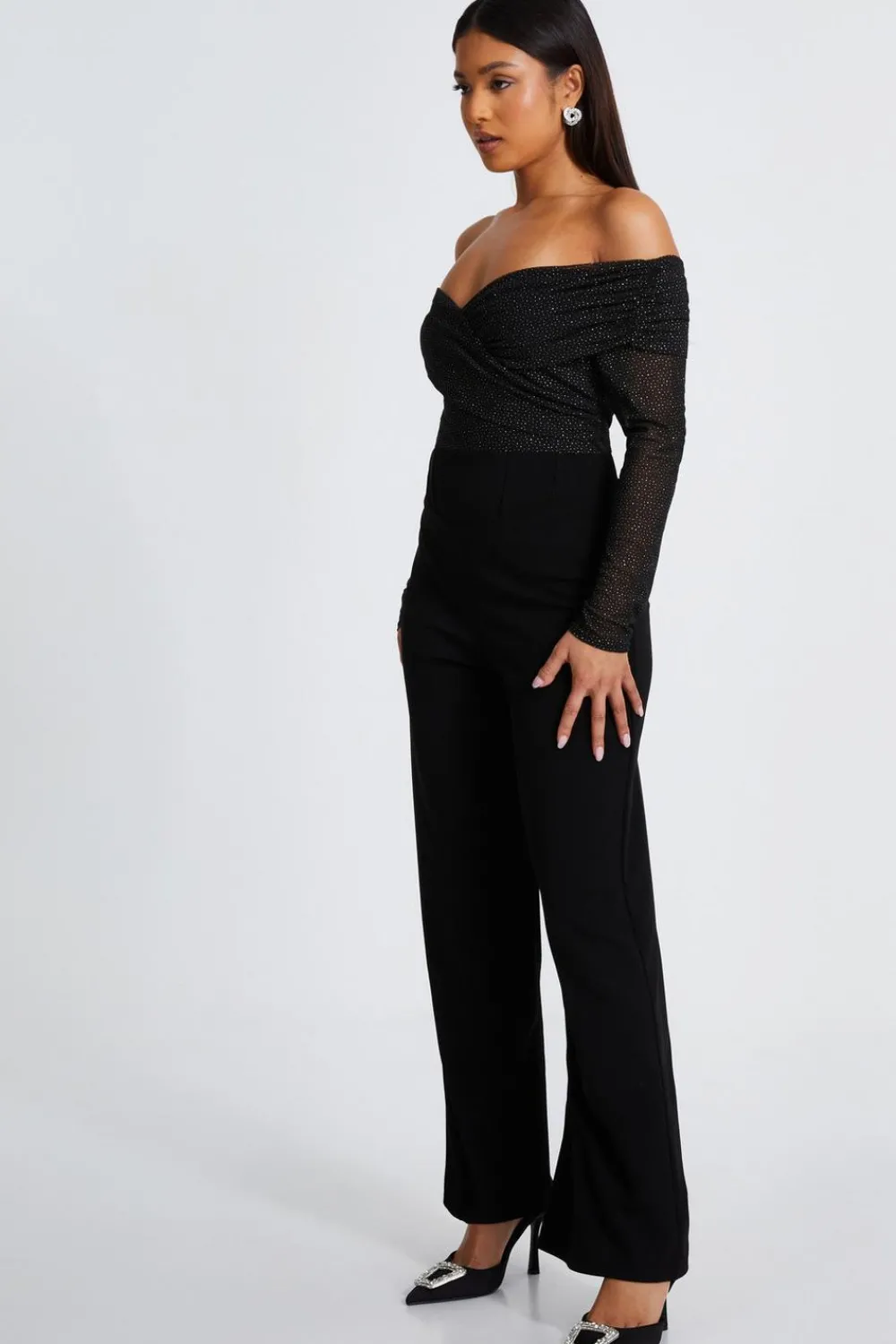 Quiz Occasion Jumpsuits|Going Out Jumpsuits>Petite Black Glitter Mesh Jumpsuit