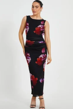 Quiz Dresses|Petite Dresses>Petite Black Mesh Floral Midaxi Dress