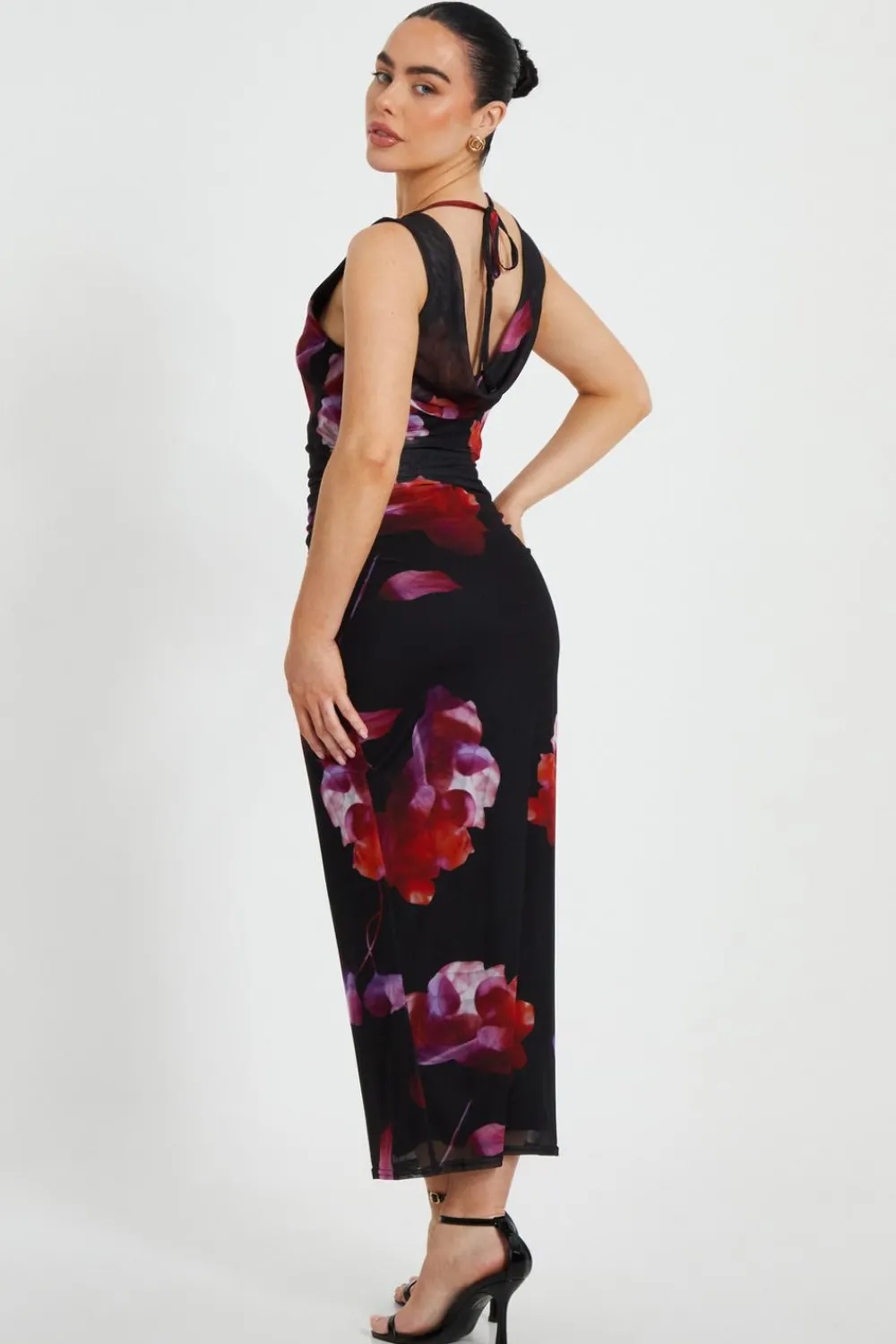 Quiz Dresses|Petite Dresses>Petite Black Mesh Floral Midaxi Dress