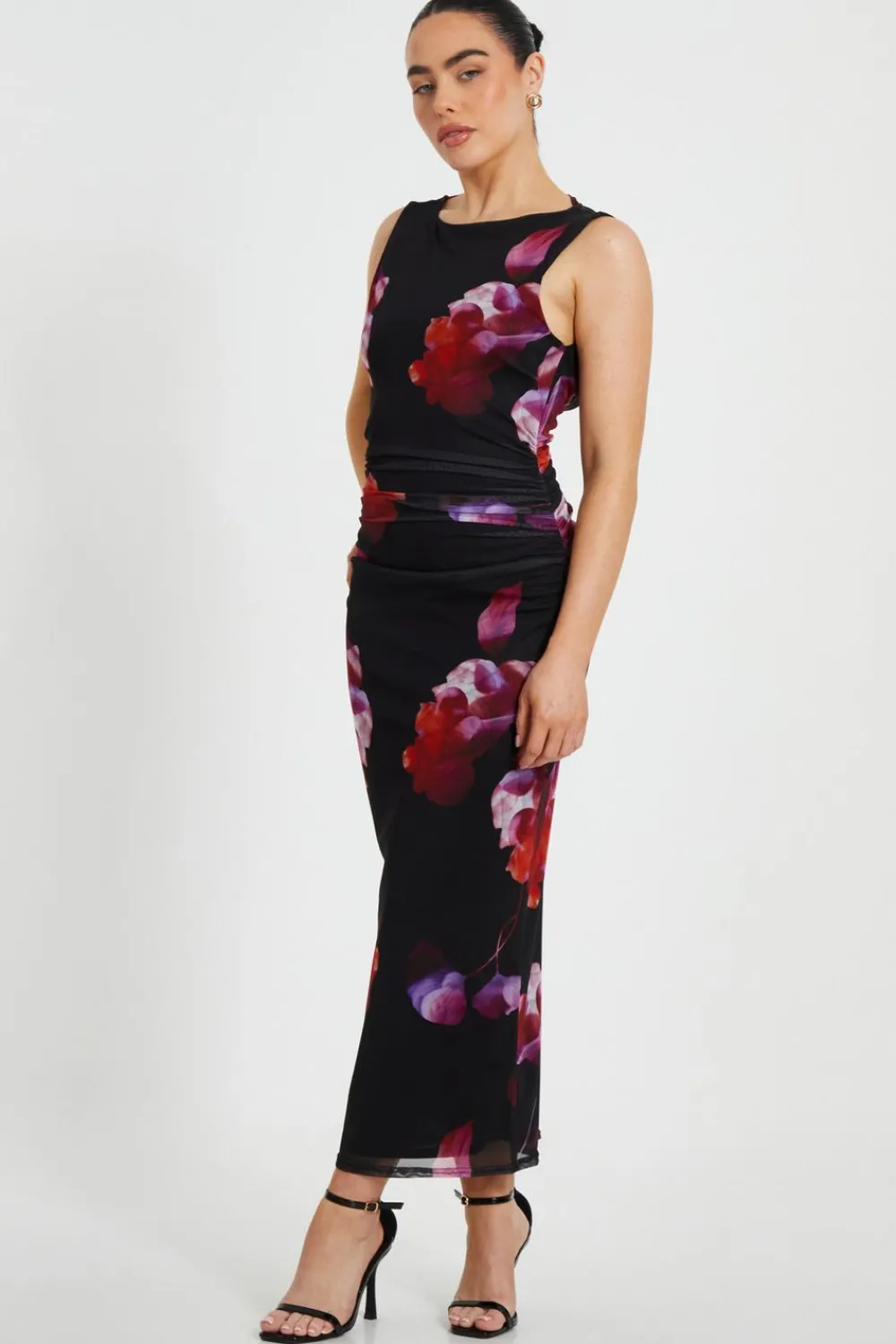 Quiz Dresses|Petite Dresses>Petite Black Mesh Floral Midaxi Dress