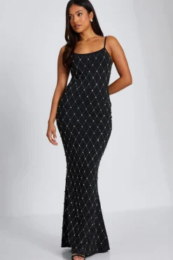 Quiz Evening Dresses|Prom Dresses>Petite Black Rhinestone Square Neck Maxi Dress
