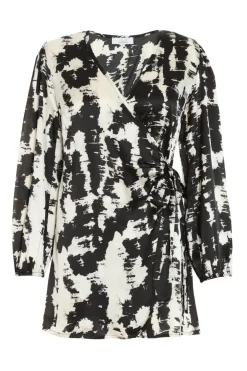 Quiz Wrap Dresses|Satin Dresses>Petite Black Satin Marble Print Wrap Dress