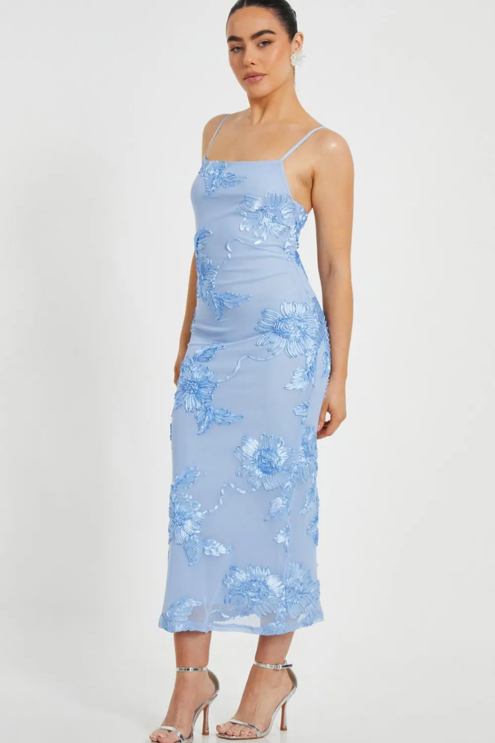 Quiz Day At The Races|Christening Guest>Petite Blue Floral Applique Midaxi Dress
