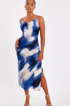 Quiz Day At The Races|Christening Guest>Petite Blue Satin Marble Midaxi Dress