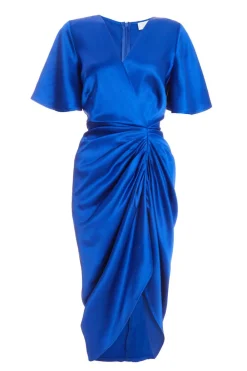 Quiz Wrap Dresses|Wedding Guest Dresses>Petite Blue Satin Ruched Wrap Midi Dress