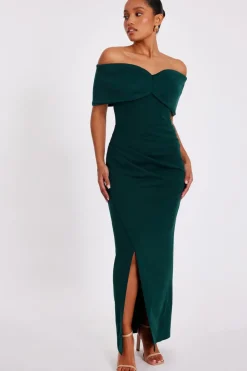Quiz Prom Dresses|Prom & Ball>Petite Bottle Green Bardot Wrap Maxi Dress