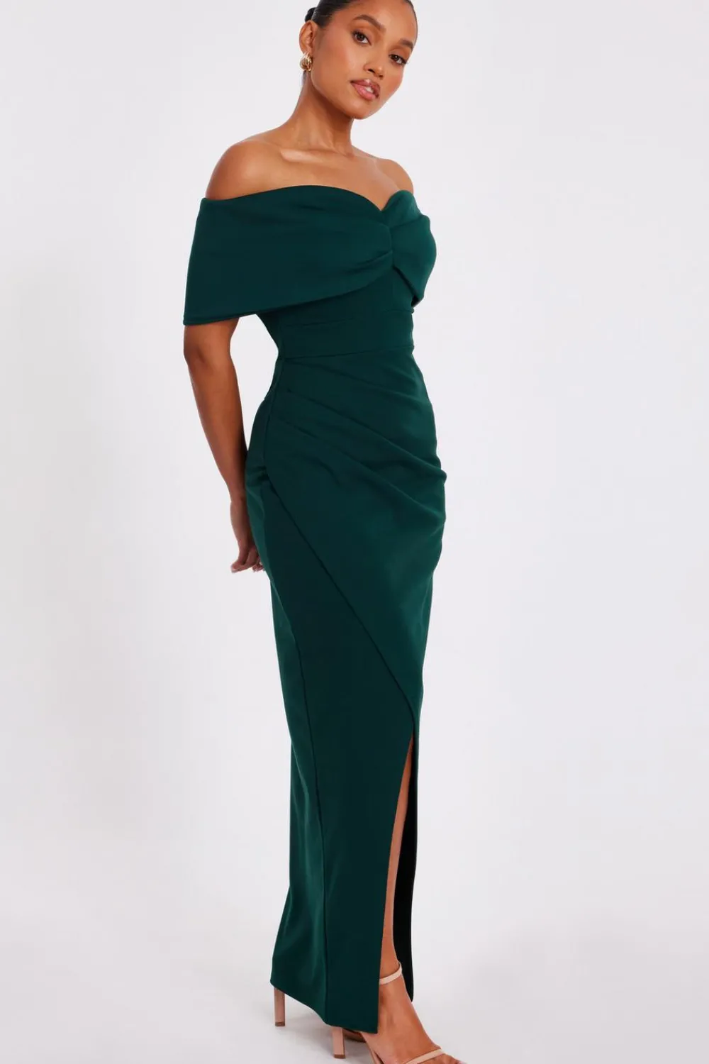 Quiz Prom Dresses|Prom & Ball>Petite Bottle Green Bardot Wrap Maxi Dress