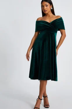Quiz Prom & Ball|Evening Dresses>Petite Bottle Green Velvet Bardot Midi Dress