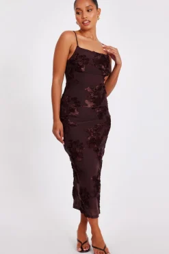 Quiz Day At The Races|Christening Guest>Petite Brown Floral Applique Midaxi Dress