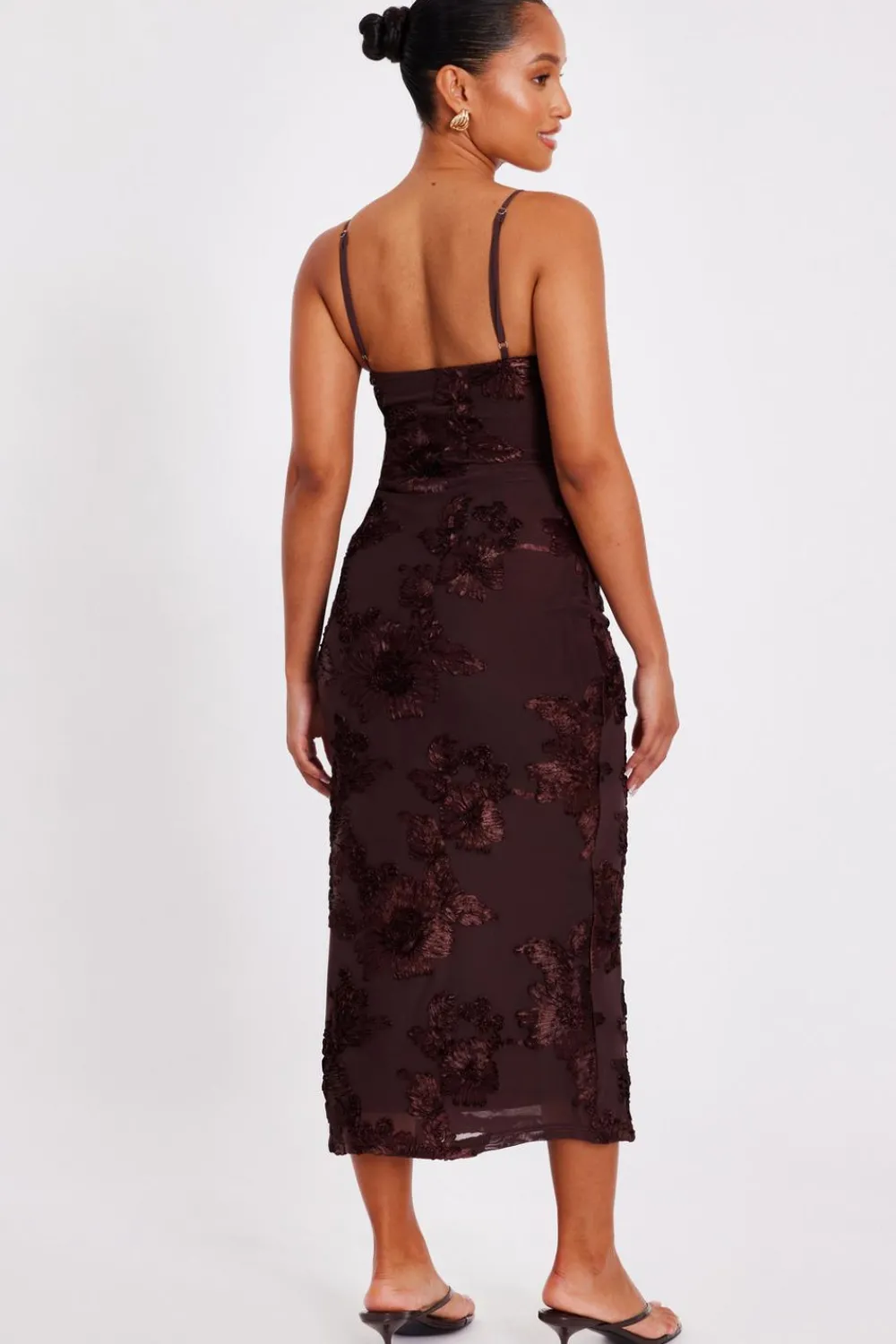 Quiz Day At The Races|Christening Guest>Petite Brown Floral Applique Midaxi Dress