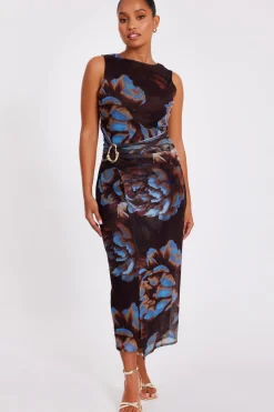 Quiz Going Out|Florals>Petite Brown Floral Mesh Midaxi Dress