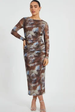Quiz Going Out|Dresses>Petite Brown Mesh Midaxi Dress
