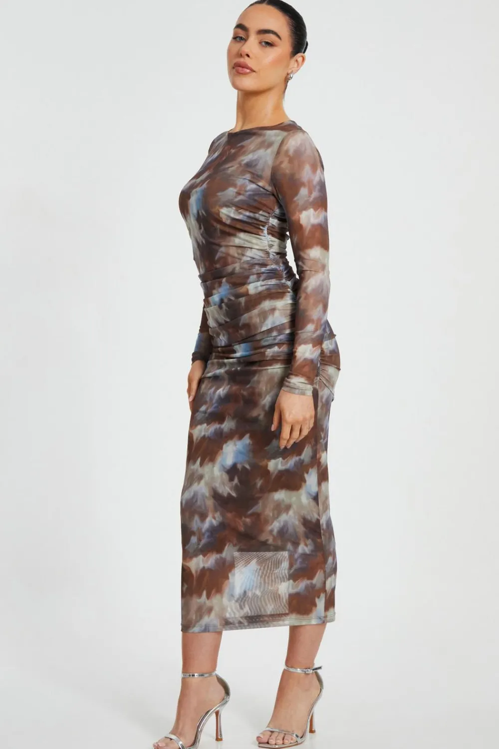 Quiz Going Out|Dresses>Petite Brown Mesh Midaxi Dress