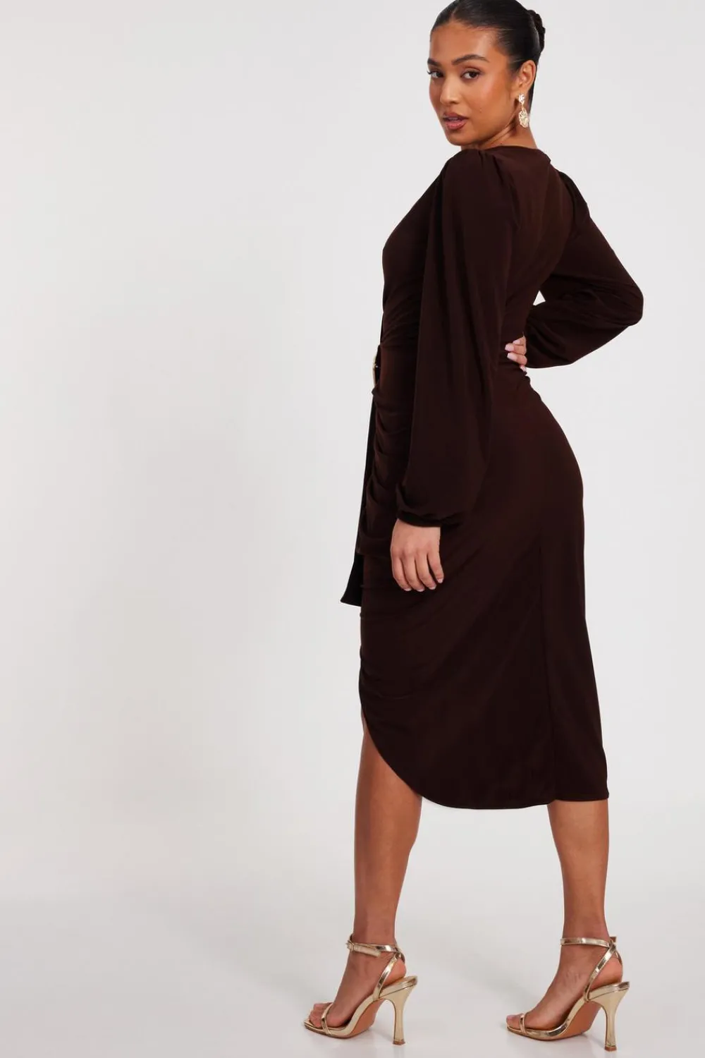Quiz Christening Guest|Wrap Dresses>Petite Brown Ruched Midi Dress