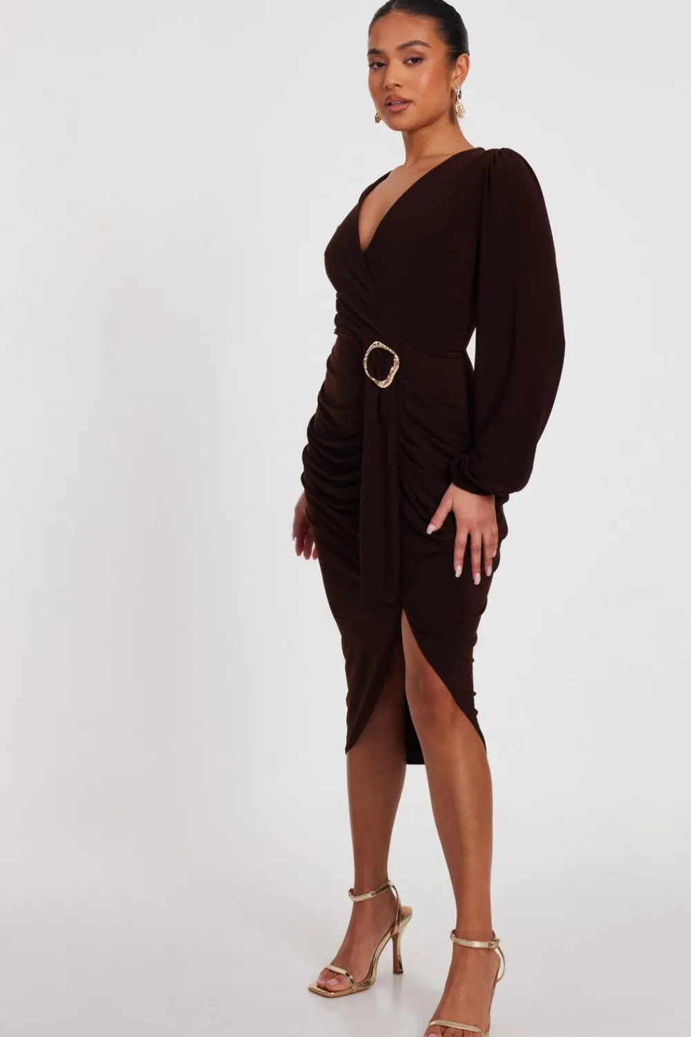 Quiz Christening Guest|Wrap Dresses>Petite Brown Ruched Midi Dress