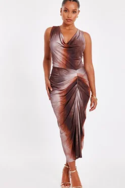 Quiz Going Out|Dresses>Petite Brown Ruched Side Midi Dress