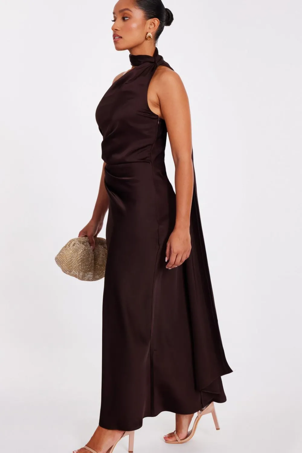 Quiz Prom Dresses|Prom & Ball>Petite Brown Satin Wrap Neck Maxi Dress