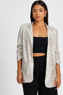 Quiz Jackets & Coats|Blazers>Petite Champagne Sequin Ruched Blazer