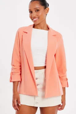 Quiz Workwear|Summer Clothes>Petite Coral Ruched Sleeve Blazer