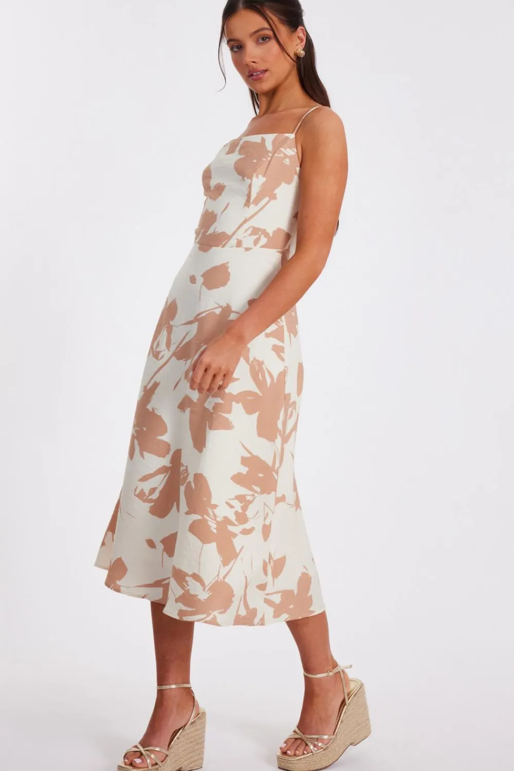 Quiz Summer Clothes|Holiday>Petite Cream Floral Print Midi Dress