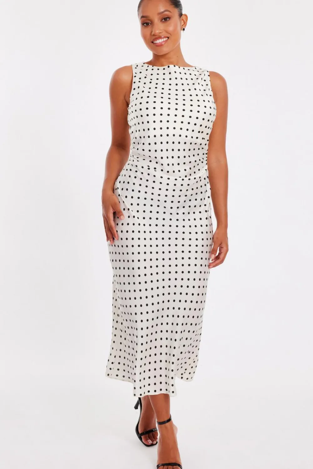 Quiz Day At The Races|Christening Guest>Petite Cream Satin Polka Dot Midaxi Dress