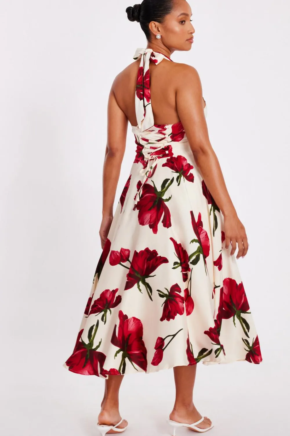 Quiz Day At The Races|Florals>Petite Cream Satin Rose Print Midi Dress