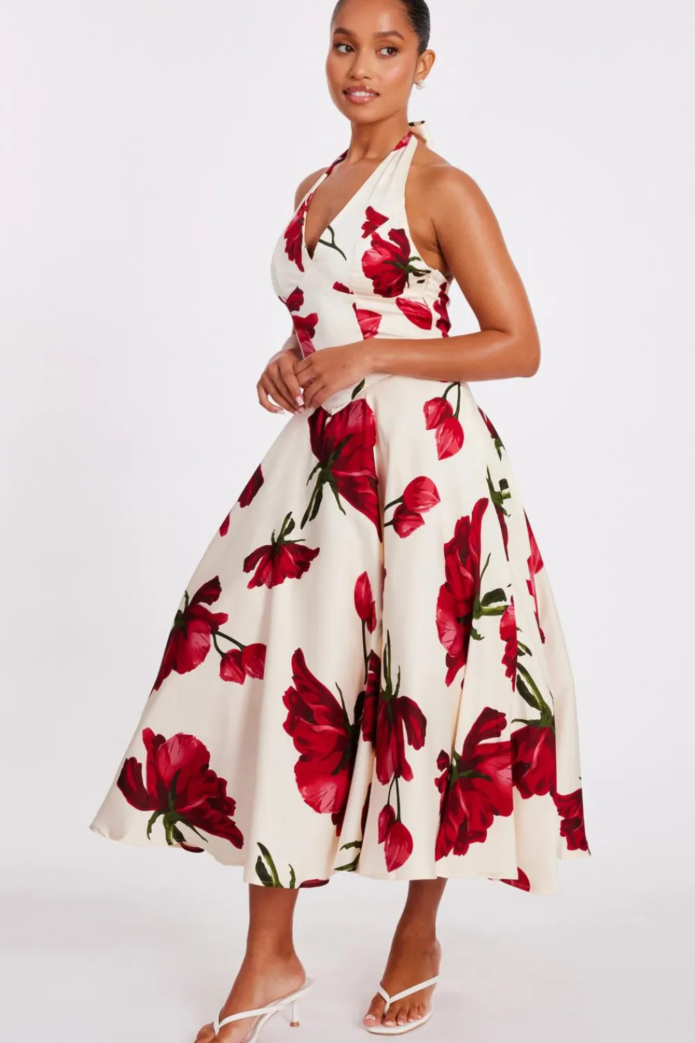 Quiz Day At The Races|Florals>Petite Cream Satin Rose Print Midi Dress
