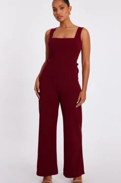 Quiz Occasion Jumpsuits|Going Out Jumpsuits>Petite Dark Red Bow Back Jumpsuit