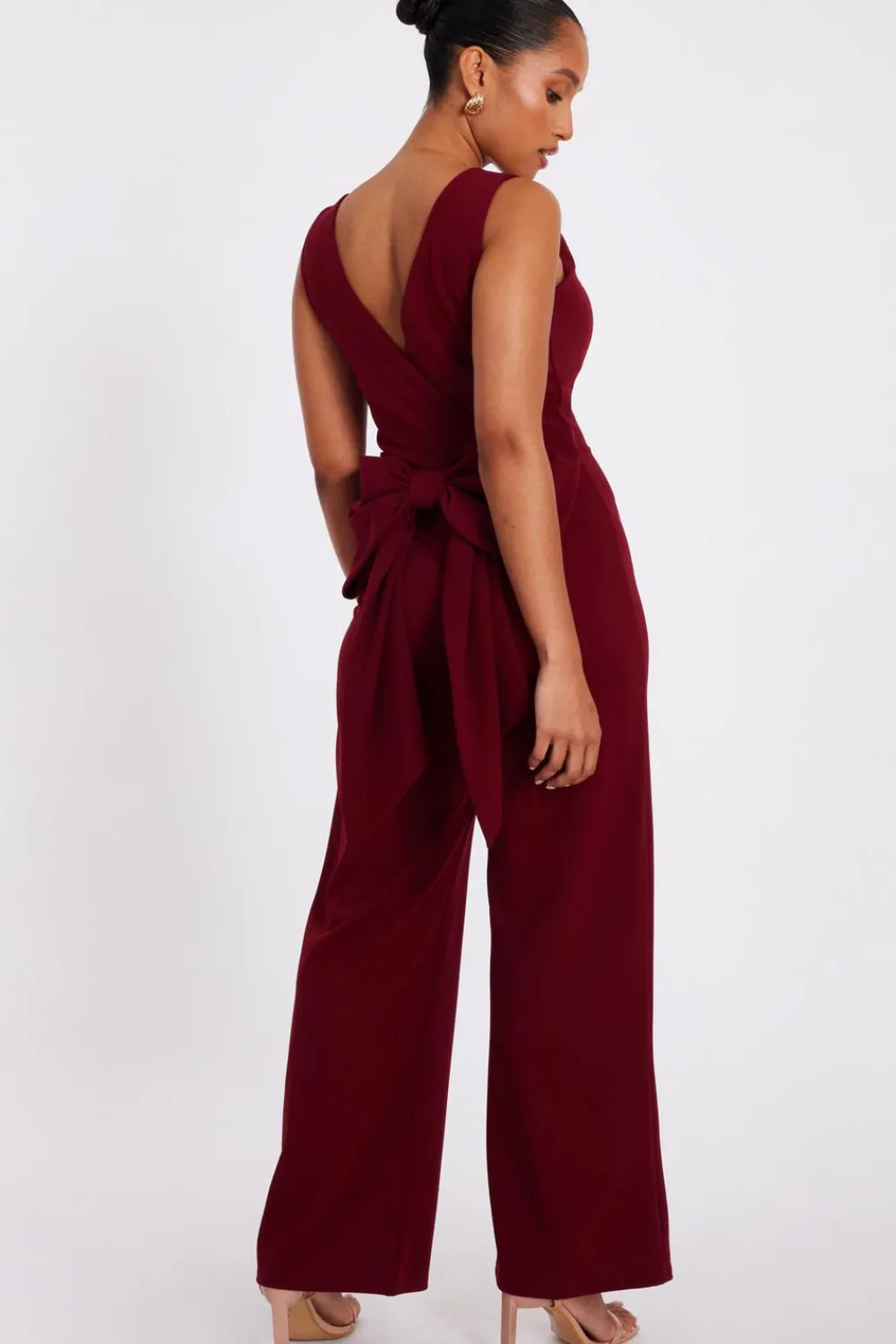 Quiz Occasion Jumpsuits|Going Out Jumpsuits>Petite Dark Red Bow Back Jumpsuit