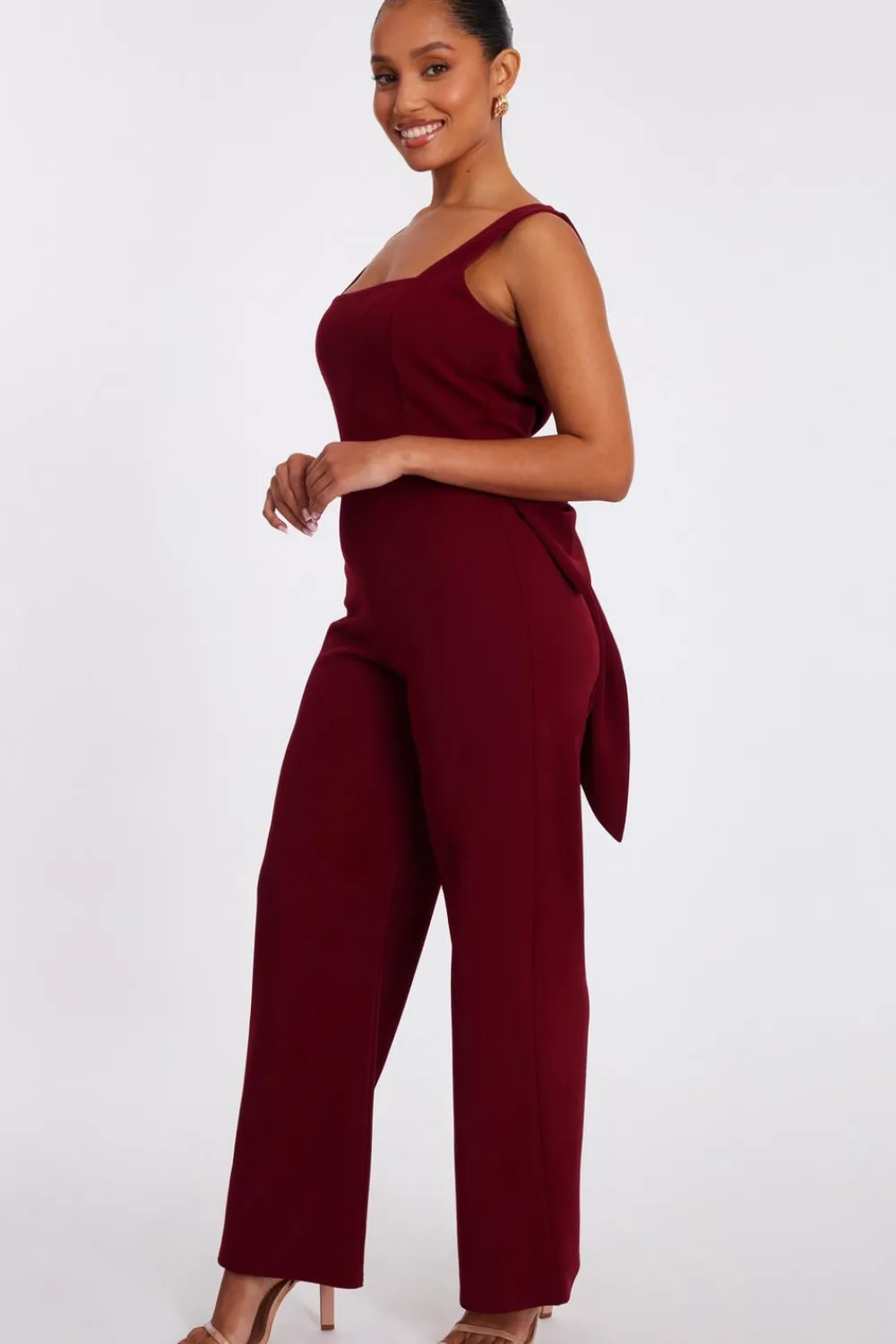 Quiz Occasion Jumpsuits|Going Out Jumpsuits>Petite Dark Red Bow Back Jumpsuit