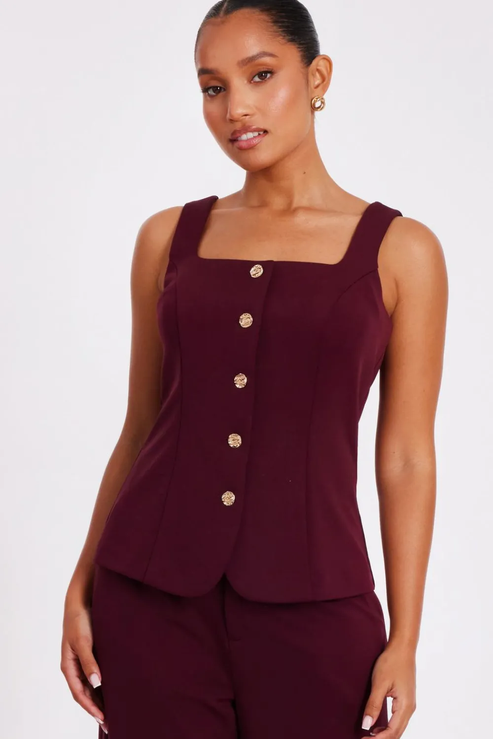 Quiz Waistcoat|Going Out Tops>Petite Dark Red Button Front Waistcoat