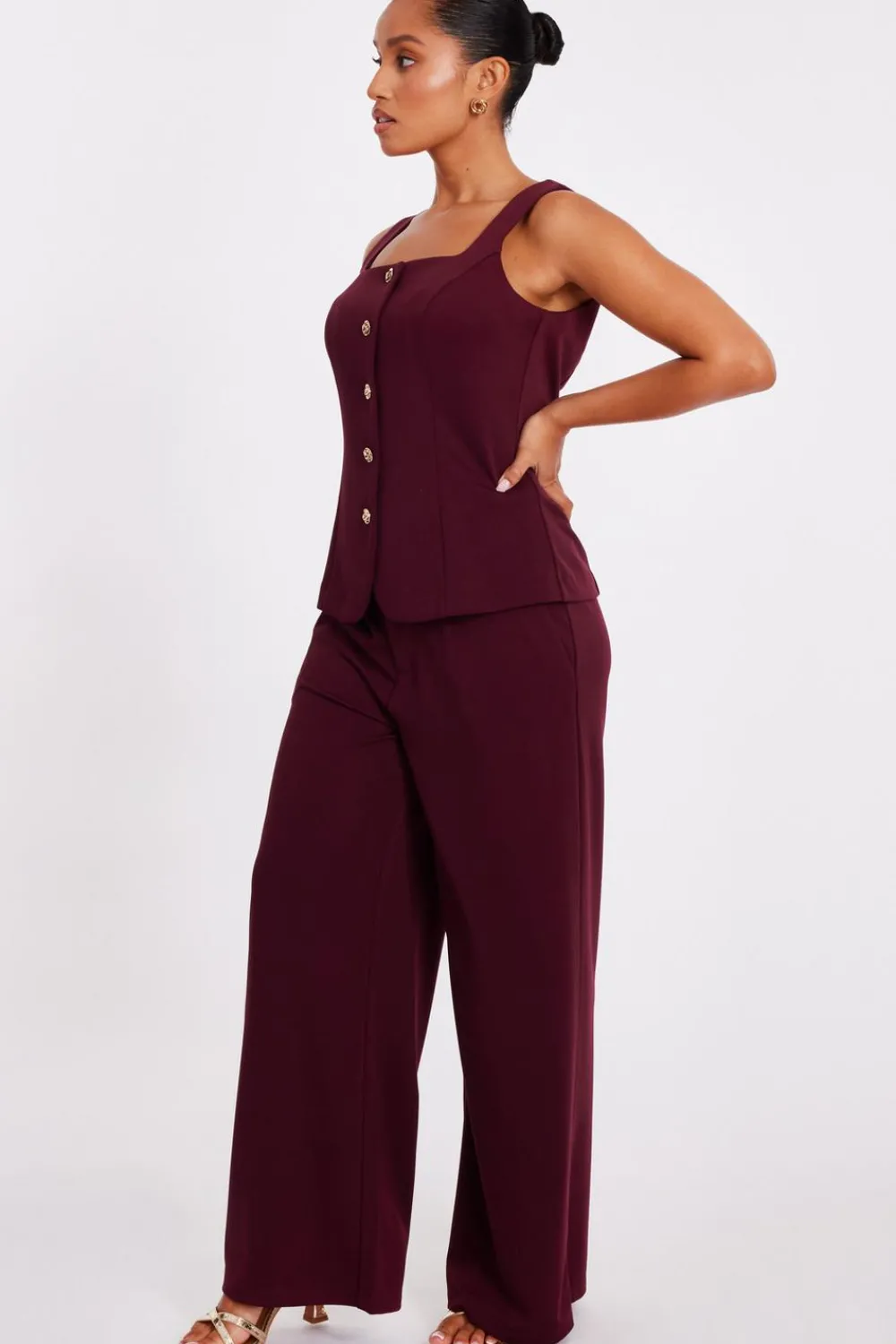 Quiz Waistcoat|Going Out Tops>Petite Dark Red Button Front Waistcoat