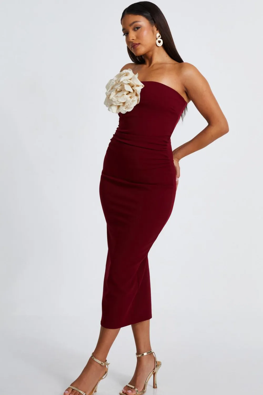 Quiz Evening Dresses|Trending: Red>Petite Dark Red Corsage Midaxi Dress