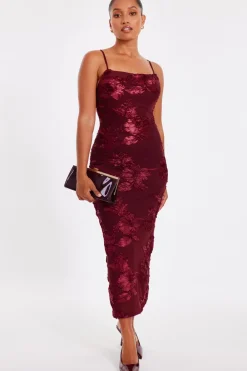 Quiz Day At The Races|Christening Guest>Petite Dark Red Floral Applique Midaxi Dress