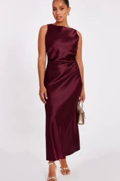 Quiz Evening Dresses|Day At The Races>Petite Dark Red Satin Ruched Midaxi Dress
