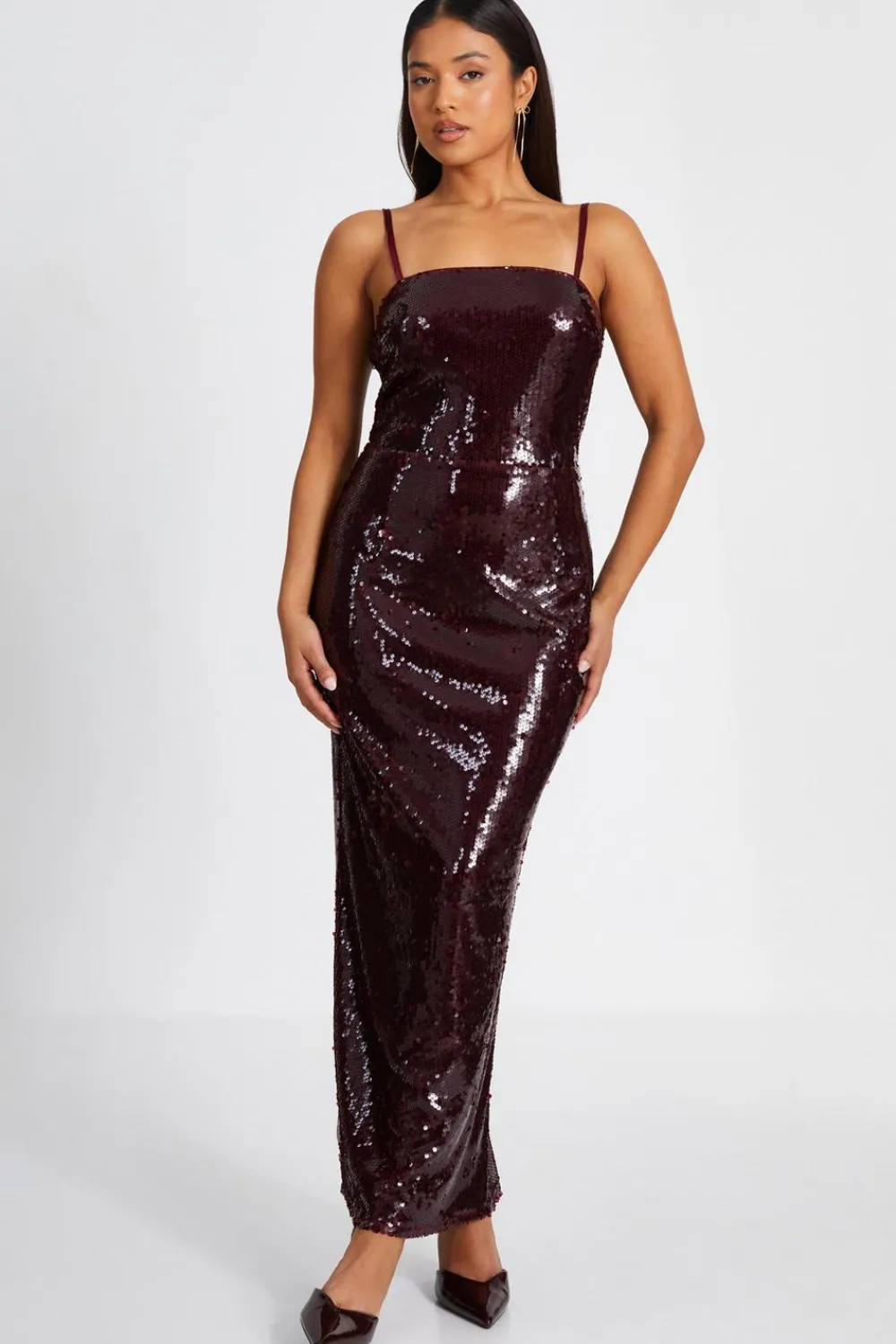Quiz Evening Dresses|Trending: Red>Petite Dark Red Sequin Midaxi Dress