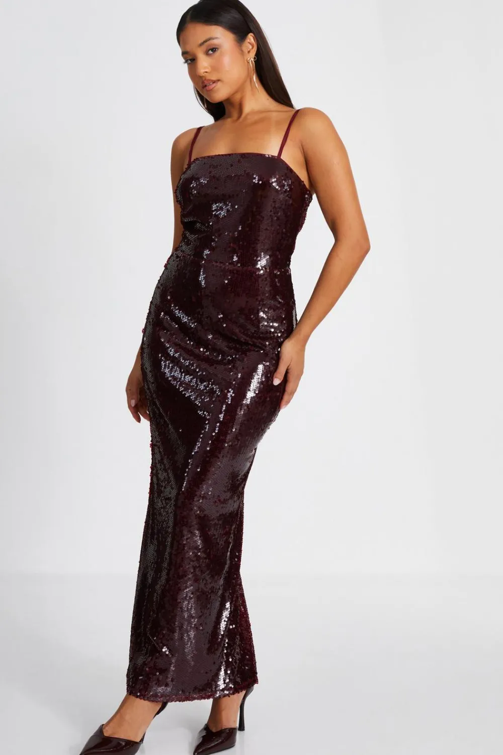 Quiz Evening Dresses|Trending: Red>Petite Dark Red Sequin Midaxi Dress