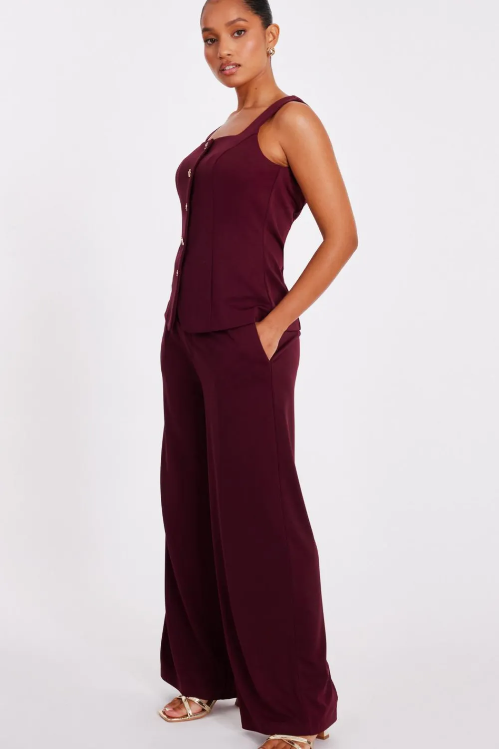 Quiz Workwear|Trousers>Petite Dark Red Wide Leg Trousers