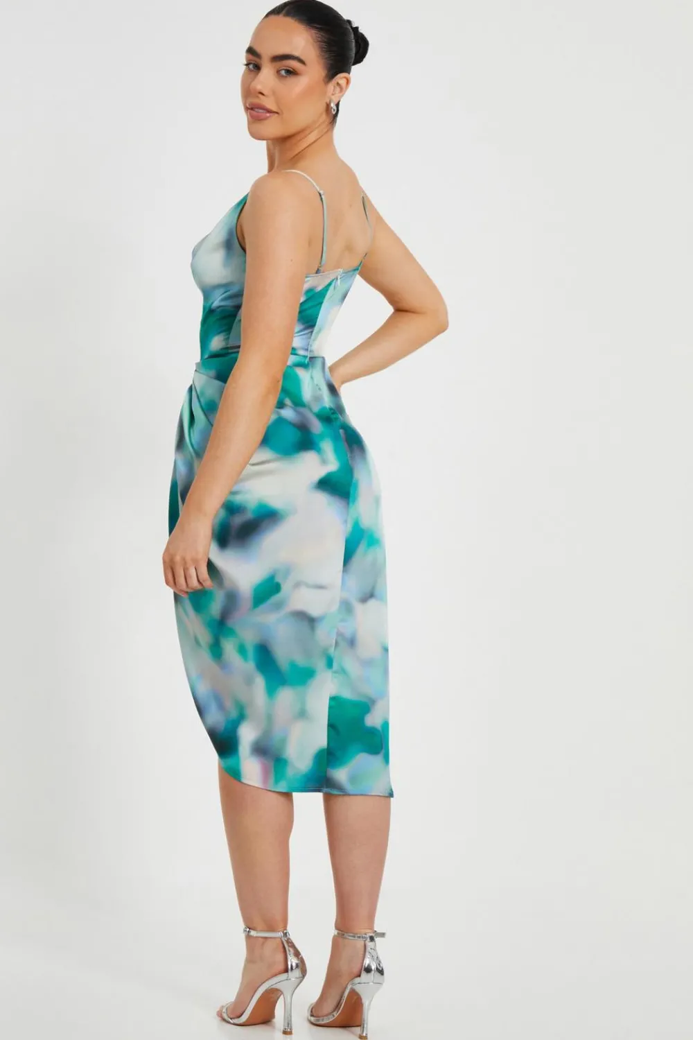 Quiz Evening Dresses|Day At The Races>Petite Green Satin Marble Print Midi Dress