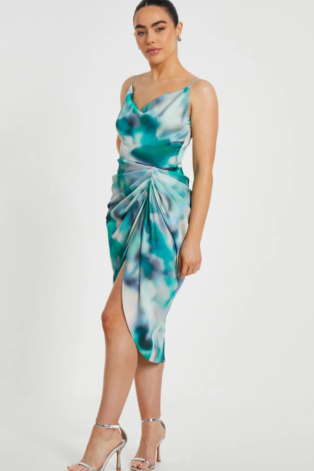Quiz Evening Dresses|Day At The Races>Petite Green Satin Marble Print Midi Dress