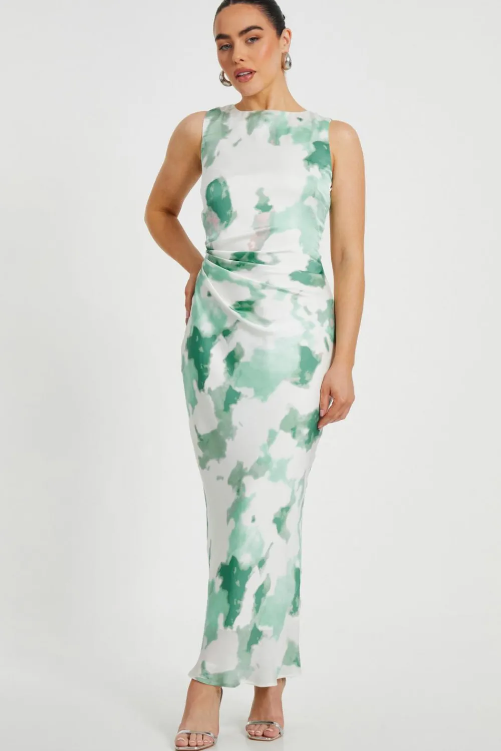 Quiz Day At The Races|Christening Guest>Petite Green Satin Marble Midaxi Dress