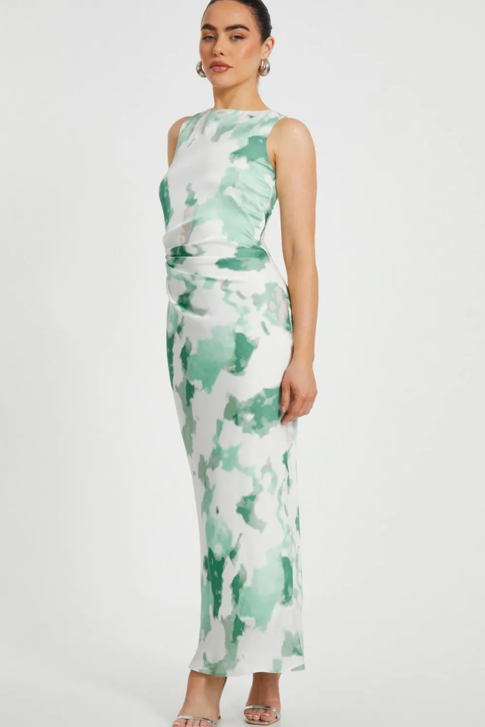 Quiz Day At The Races|Christening Guest>Petite Green Satin Marble Midaxi Dress