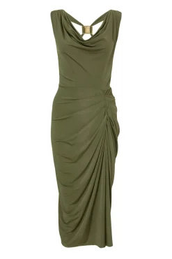 Quiz Day At The Races|Christening Guest>Petite Khaki Cowl Neck Midi Dress