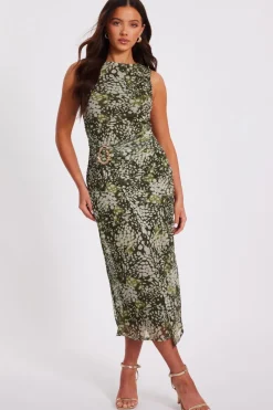 Quiz Going Out|Dresses>Petite Khaki Mesh Animal Print Midaxi Dress
