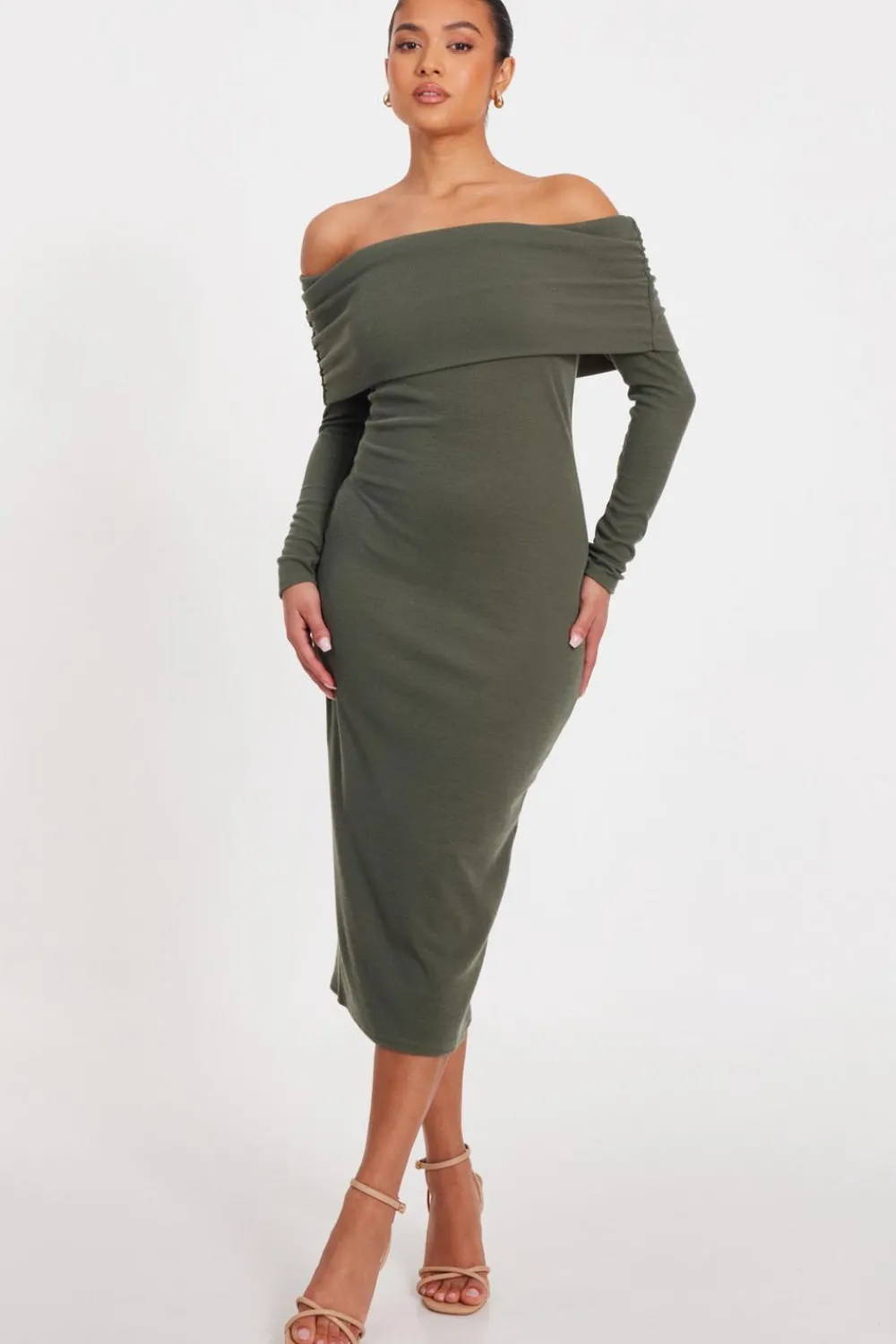 Quiz Going Out|Knitwear>Petite Khaki Ribbed Bardot Midi Dress