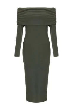 Quiz Going Out|Knitwear>Petite Khaki Ribbed Bardot Midi Dress
